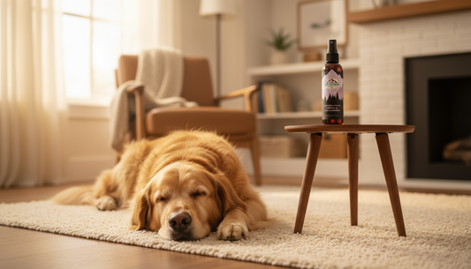 Golden retriever sleeping peacefully in a fresh, odor-free living room with a Lumi room spray