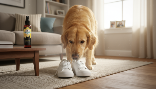 Pet safe shoe deodorizer in use with dog in fresh home environment