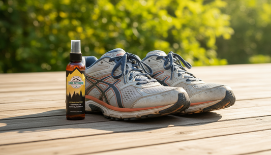 Running shoes air drying in the sun with a natural shoe deodorizer spray implied nearby