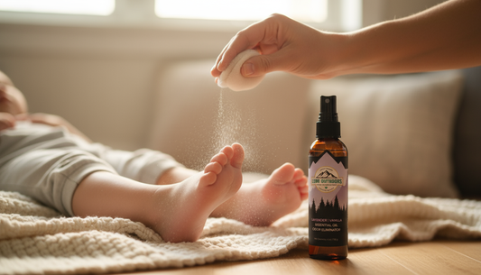 Close up of child's foot with talc-free foot powder being applied for freshness