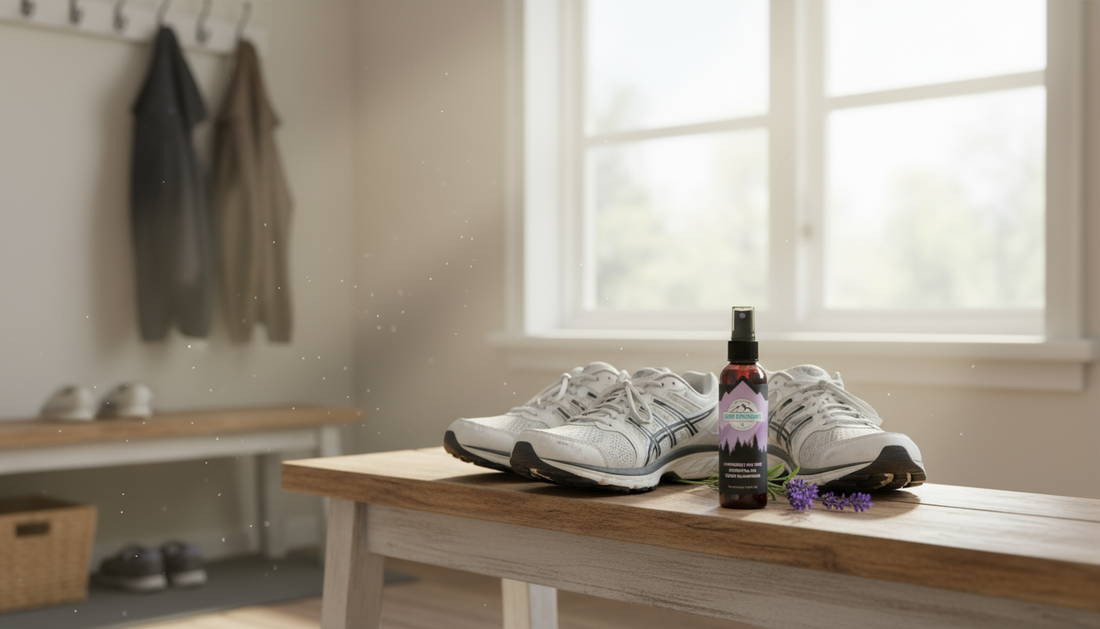 Fresh-smelling running shoes with tea tree oil, symbolizing natural shoe odor elimination