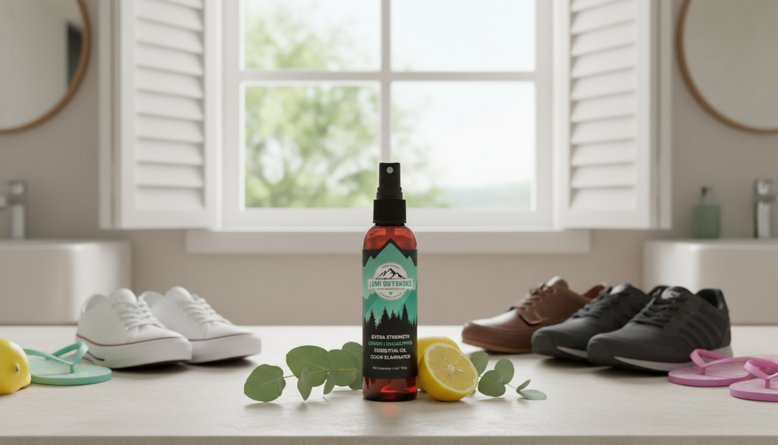 Natural shoe deodorizer spray bottle in a bright bathroom, suggesting a safe and effective solution for shoe freshness.