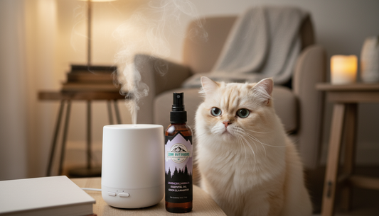 Cat looking uncomfortable near an essential oil diffuser in a cozy living room, highlighting the potential risks for pets.