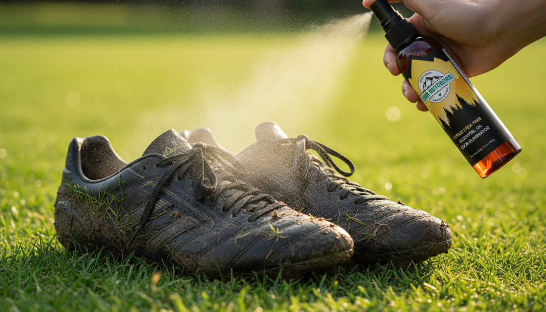 Spraying natural deodorizer on smelly soccer cleats for instant freshness