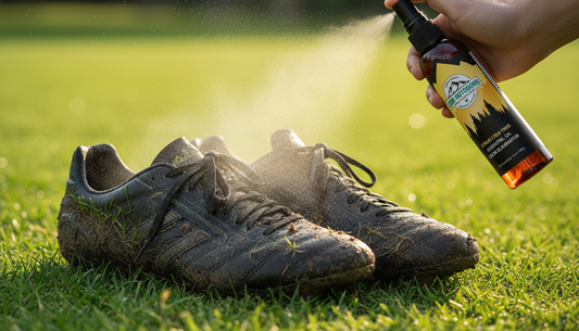 Spraying natural deodorizer on smelly soccer cleats for instant freshness