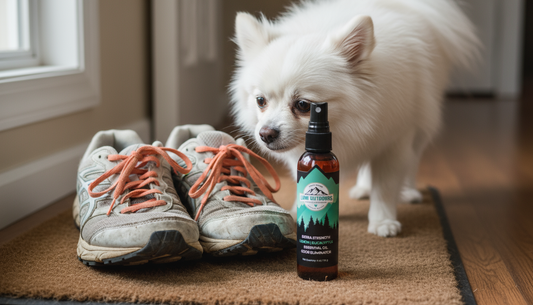 Small fluffy dog sniffing smelly athletic shoes on a doormat, illustrating the need for a pet-safe shoe deodorizer.