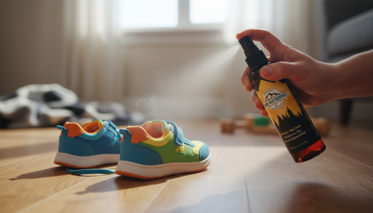 Child's smelly sneakers on home floor illustrating kids foot odor issue