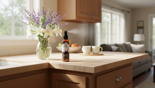 Lumi Outdoors natural room spray in a cozy home setting for odor elimination