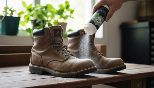 Work boots being deodorized with natural spray for odor elimination