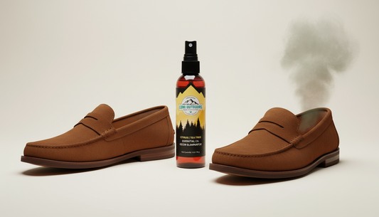 One loafer emitting a small, cartoon-like odor cloud, next to a perfectly clean, fresh-smelling loafer, symbolizing the problem and solution of shoe odor.