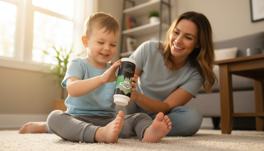 Parent and child applying talc-free foot powder for safe kids odor control