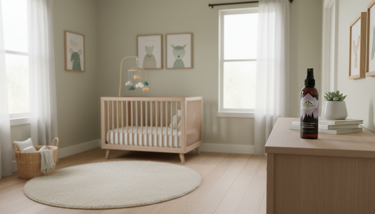 Non-toxic room spray for nursery on a wooden dresser in a calm and inviting baby's room