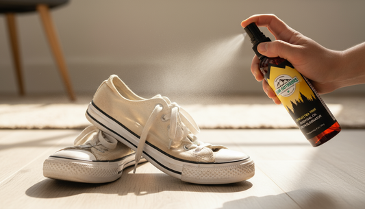 Natural homemade shoe odor eliminator spray refreshing sneakers in home