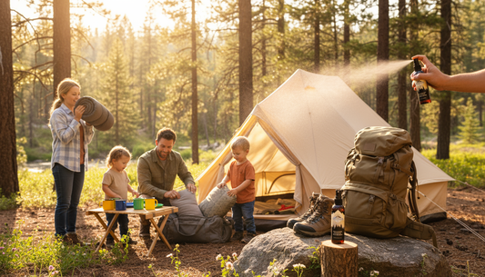 Family enjoying fresh camping gear in the woods, free from odors