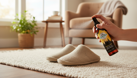 Pair of slippers being refreshed with natural deodorizer spray in a cozy home setting