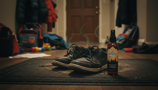 A pair of smelly, dirty children's school shoes on a doormat in a messy entryway, visually representing the problem of shoe odor.