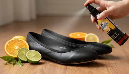 Freshly sprayed ballet flats with natural deodorizer for odor elimination