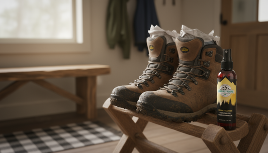 Wet hiking boots drying on a rack with newspaper inside, representing the first step to prevent odors in a mudroom.