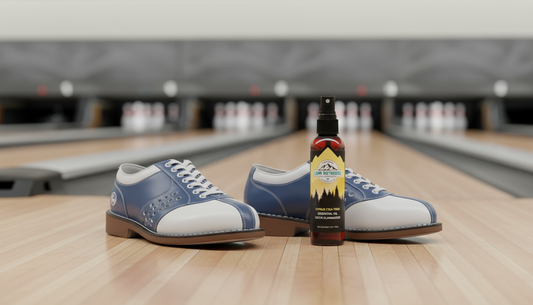 A fresh pair of bowling shoes with a lemon eucalyptus shoe deodorizer bottle, ready for a game.