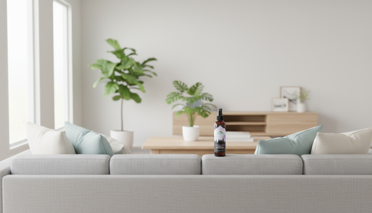 Natural air freshener bottle in a fresh, modern living room with green plants and natural light