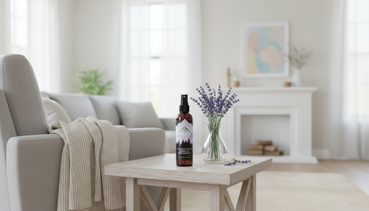 Lavender Vanilla Natural Room Spray bottle on a side table in a clean, elegant living room with a vase of fresh lavender and a cozy blanket, evoking a serene natural freshness.