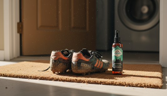 Muddy youth soccer cleats on a doormat with a natural shoe deodorizer nearby, ready for cleaning.