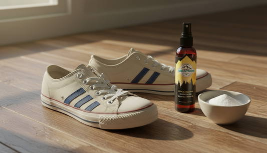 DIY shoe smell remover ingredients: baking soda, essential oil spray, and fresh sneakers on a wooden floor.