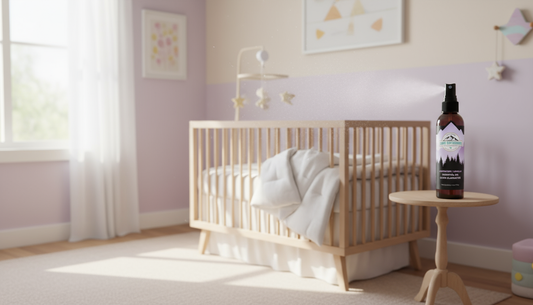 Non-toxic room spray freshening a cozy baby nursery safely
