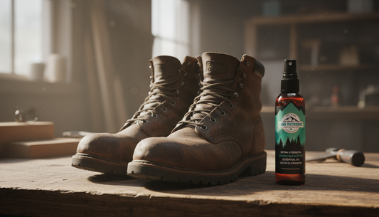 Close-up of leather steel-toe work boots drying on a bench with natural shoe deodorizer spray