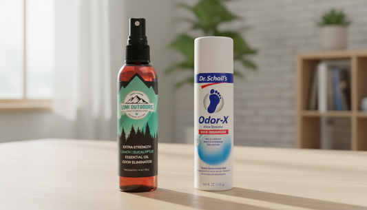 Lumi Outdoors Natural Extra Strength Lemon Eucalyptus vs Dr. Scholl's shoe deodorizer spray for odor removal