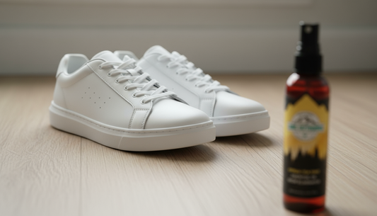 White sneakers on a wooden floor with a natural shoe deodorizer spray bottle, symbolizing fresh and active footwear.