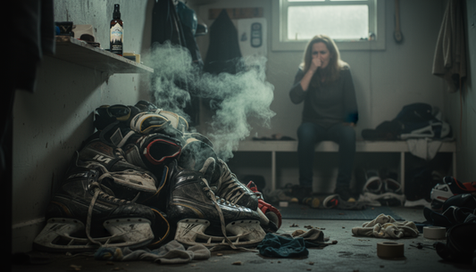 Close-up of extremely smelly hockey skates and gear in a mudroom corner, representing the overwhelming odor challenge.