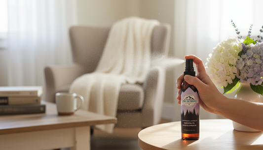 Natural lavender vanilla room spray freshening a cozy home living room