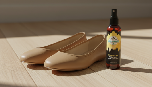 A pair of fresh, well-maintained leather ballet flats on a wooden floor, suggesting cleanliness and care.