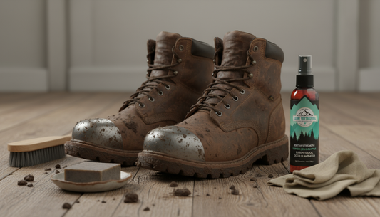 Mud-splattered steel-toed work boots next to cleaning supplies, illustrating the need for thorough cleaning