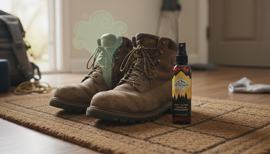 Close-up of smelly, worn work boots in an entryway emitting an unpleasant odor