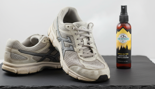 A pair of fresh running shoes with natural shoe deodorizer, symbolizing effective odor elimination.