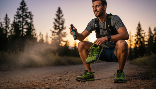 Athlete using best shoe deodorizer spray on running shoes post-workout