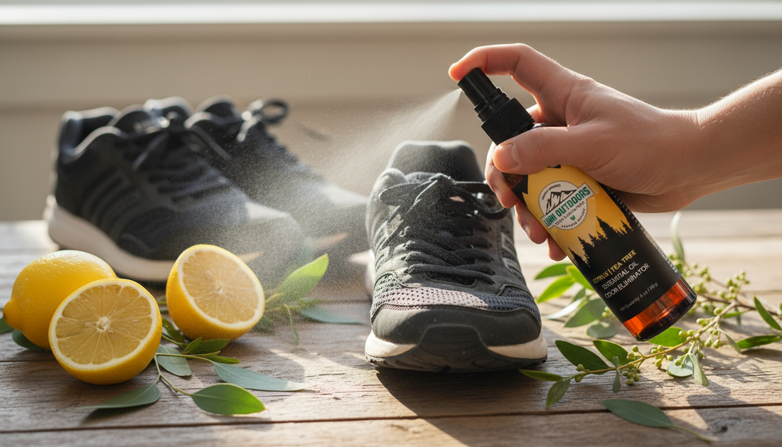 DIY essential oil shoe spray recipe ingredients and bottle with fresh sneakers
