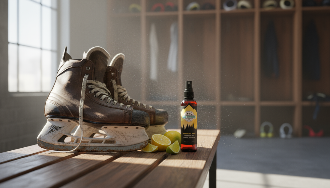 Hockey skates being cleaned with natural deodorizer spray in a locker room setting