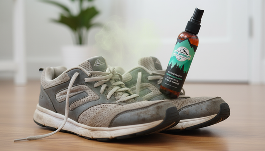 Lumi Outdoors Natural Extra Strength Lemon Eucalyptus Shoe Deodorizer Spray poised over smelly athletic shoes, symbolizing effective odor elimination.