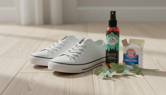 White sneakers with baking soda and eucalyptus, symbolizing fresh shoes and natural deodorizing.