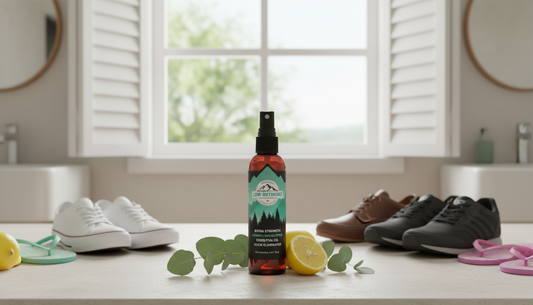 Natural shoe deodorizer spray bottle in a bright bathroom, suggesting a safe and effective solution for shoe freshness.