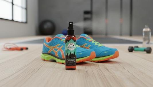 Natural Extra Strength Lemon Eucalyptus Shoe Deodorizer Spray bottle next to a pair of athletic shoes, illustrating effective odor control for active footwear.