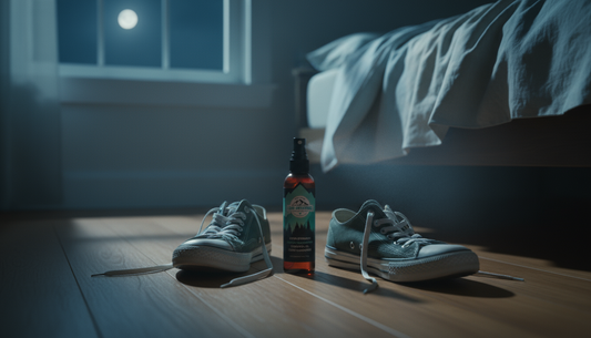 Sneakers being deodorized overnight with natural spray for fresh morning wear
