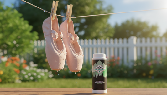 Freshly washed pink canvas ballet slippers drying in the sun, symbolizing cleanliness and care.