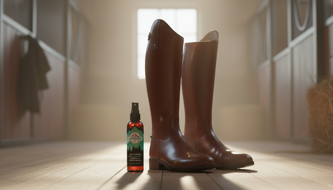 A pair of shiny, clean brown leather riding boots looking pristine and ready for a ride, symbolizing freshness.