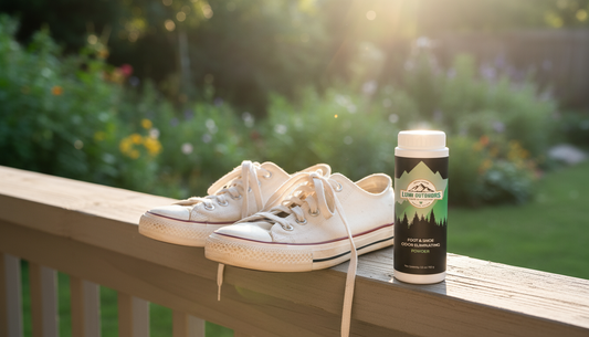Canvas sneakers drying in the morning sun, symbolizing natural odor elimination.