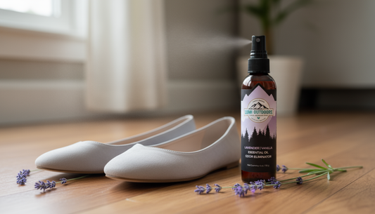Elegant suede ballet flats being gently sprayed with a natural lavender and tea tree shoe deodorizer for delicate footwear.