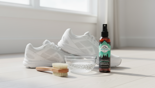 A pair of clean running shoes next to cleaning supplies, symbolizing fresh and well-maintained athletic footwear.